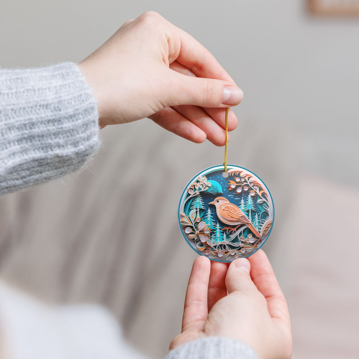 Ceramic Bird and Botanical Holiday Ornament Item #591552