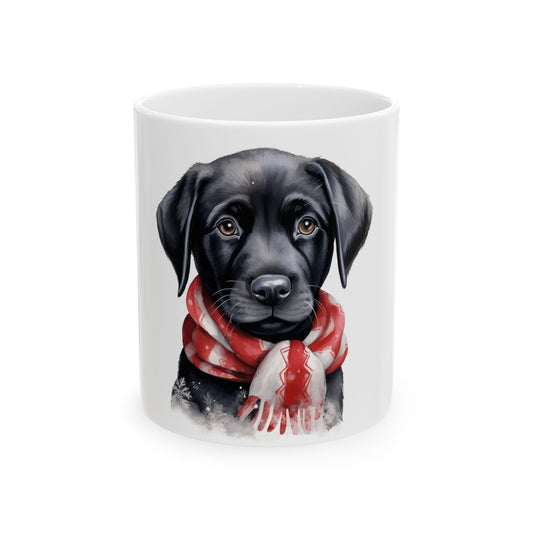 Black Labrador Puppy Mug with Red Scarf – Cute Holiday Coffee Cup 11oz Item #720997
