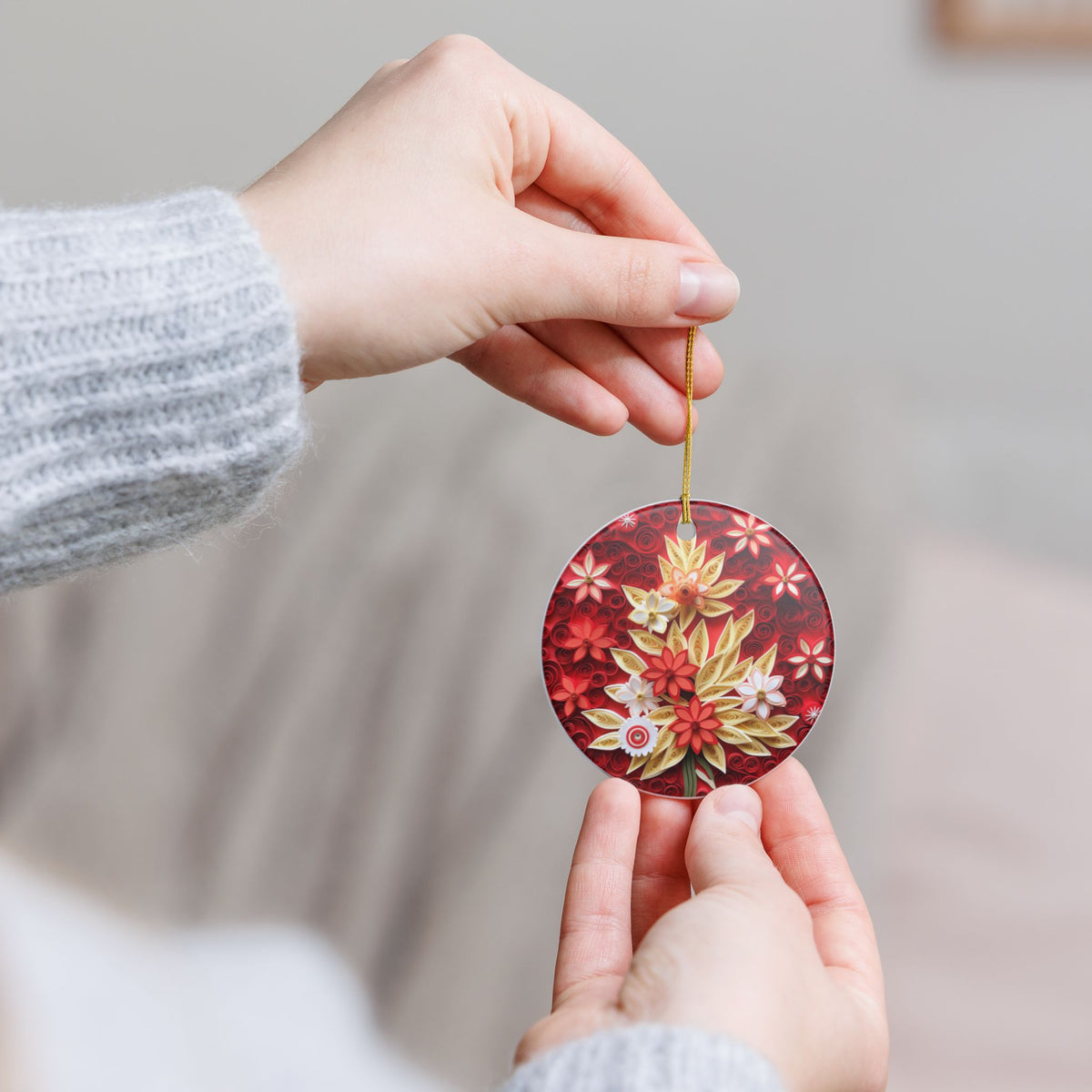Red Floral Ceramic Christmas Ornament Item #171096