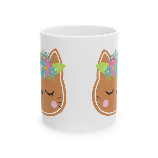 Floral Cat Face Mug — Cute Animal Ceramic Coffee Cup 11oz Item #827843