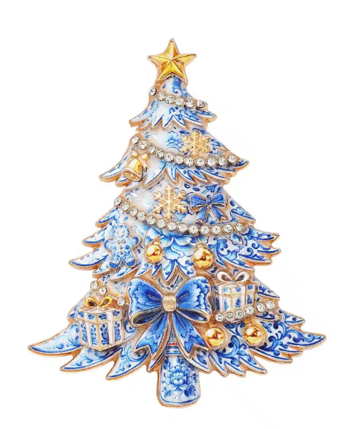 Santa’s Creations™ Blue and White Christmas Tree Brooch Pin, Rhinestone Holiday Jewelry with Gold Star, Decorative Bow and Ornaments, Festive Christmas Gift Item #124331