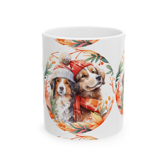Autumn Dog Mug – Cozy Season Ceramic Coffee Cup with Dogs in Scarves 11oz Item #829525