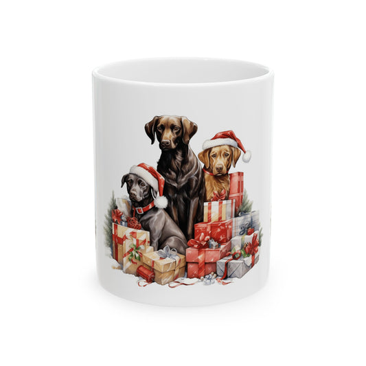 Christmas Dogs Ceramic Mug — Labrador Trio with Santa Hats & Gifts 11oz Item #610489