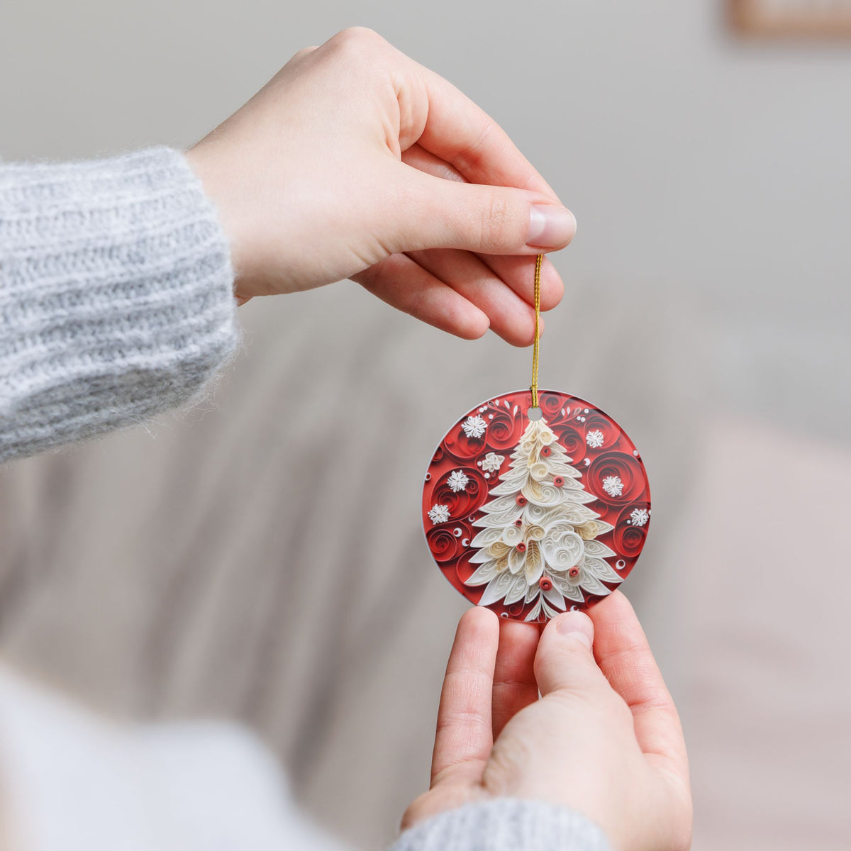 Ceramic Christmas Ornament – Red Quilled Christmas Tree Design Item #890572