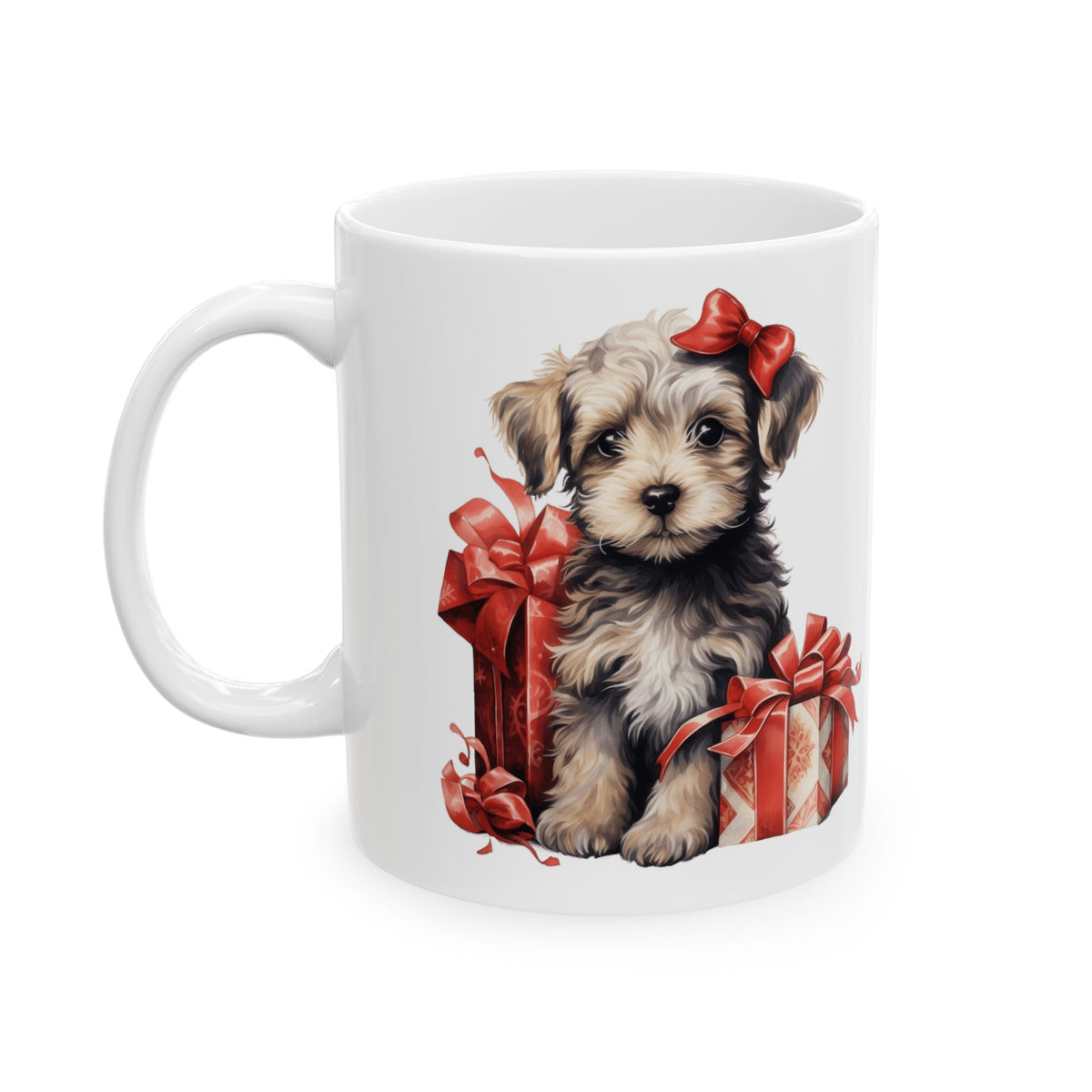 Festive Puppy With Presents Red Ribbons Christmas Ceramic Mug 11oz Item #826665