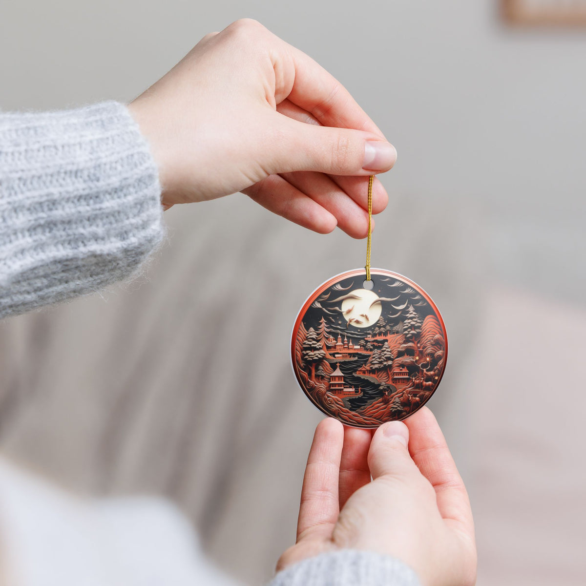 Ceramic Ornament – Enchanted Moonlit Mountain Village Holiday Decor Item #317359