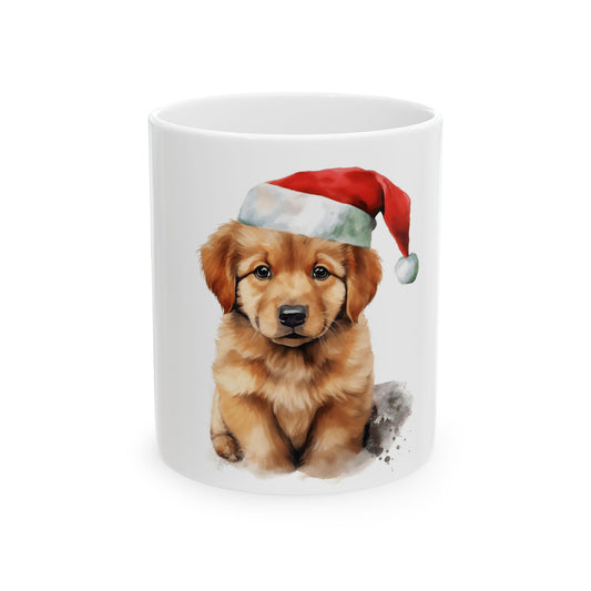 Christmas Puppy Mug — Cute Golden Retriever Puppy Wearing Santa Hat, Holiday Coffee Cup 11oz Item #365853