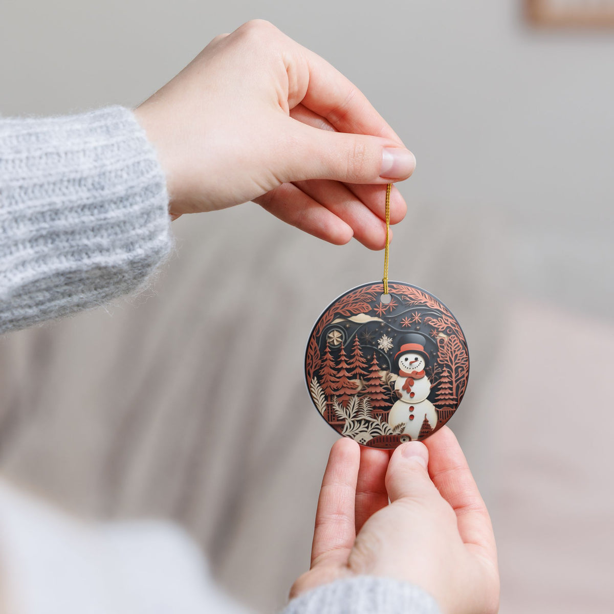 Ceramic Christmas Ornament with Snowman Winter Forest Design Item #3133