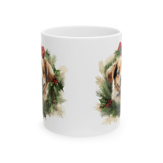 Festive Christmas Dog and Pine Wreath Mug 11oz Item #6334