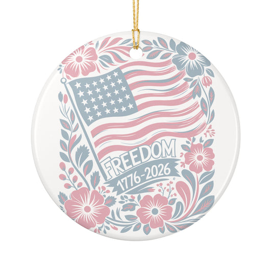 Freedom 1776-2026 Ceramic Ornament — Patriotic American Flag Floral Decoration Item #31956