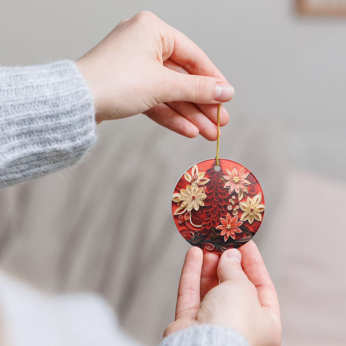 Red Floral Ceramic Ornament Item #521139