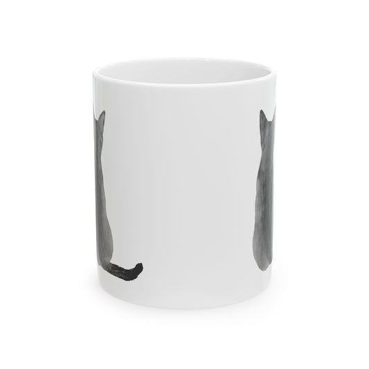 Cat Silhouette Ceramic Mug — Minimal Black Cat Coffee Cup 11oz Item #1009