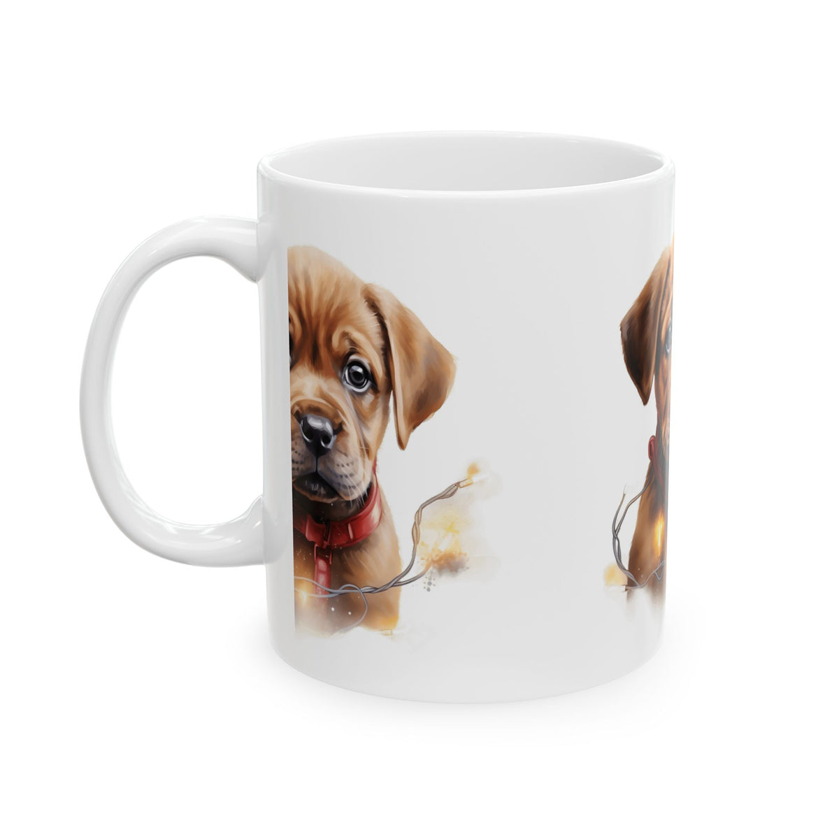 Cute Puppy Christmas Mug — Adorable Brown Puppy with Holiday Lights 11oz Item #886832