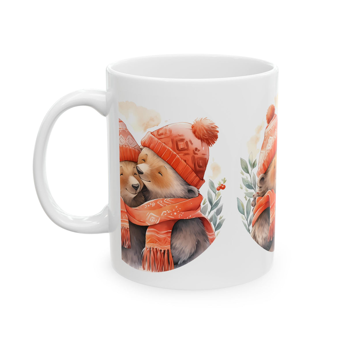 Cute Bear Couples Mug — Cozy Winter Bears in Matching Hats & Scarf 11oz Item #17205