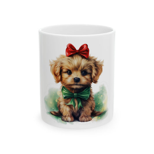 Cute Puppy Christmas Mug — Adorable Yorkie with Red Bow & Green Ribbon 11oz Item #901071