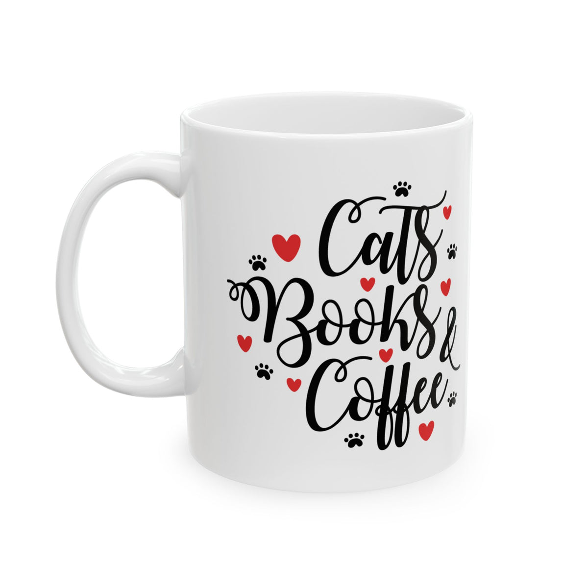 Cats, Books & Coffee Ceramic Mug — Cute Paw Print & Heart Coffee Cup 11oz Item #7358