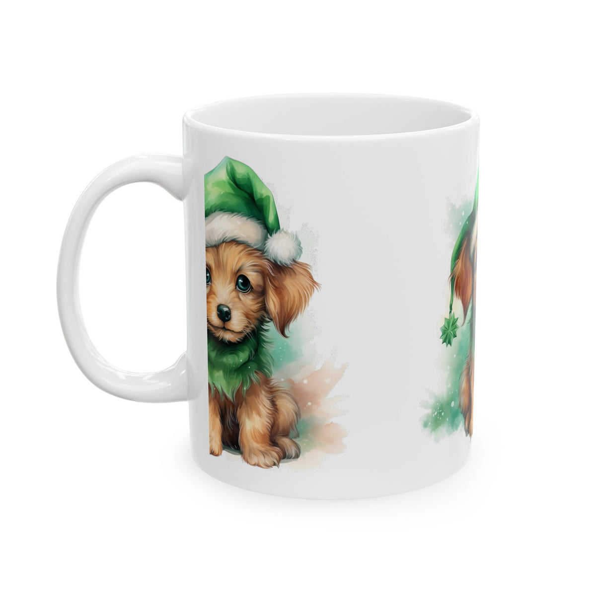 Cute Puppy Christmas Mug — Adorable Dog in Green Santa Hat 11oz Item #664681