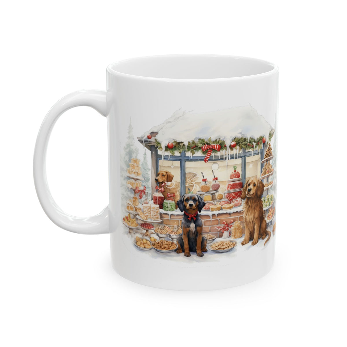 Cozy Christmas Market Ceramic Mug with Festive Dog Design 11oz Item #325968
