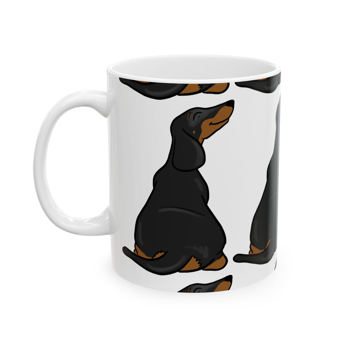 Dachshund Pattern Ceramic Mug — Cute Black & Tan Sausage Dog Coffee Cup 11oz Item #989303
