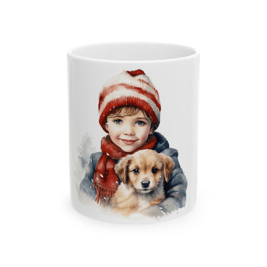 Holiday Child & Puppy Ceramic Mug — Cute Winter Christmas Coffee Cup 11oz Item #917644