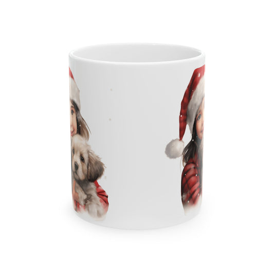 Girl In Santa Hat With A Christmas Puppy Ceramic Mug 11oz Item #844668