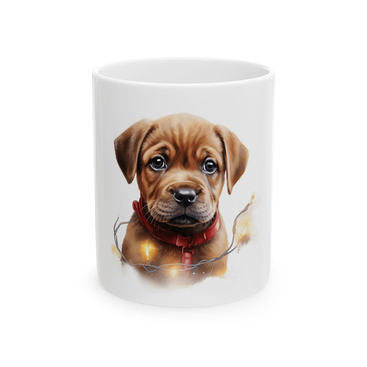 Cute Puppy Christmas Mug — Adorable Brown Puppy with Holiday Lights 11oz Item #886832