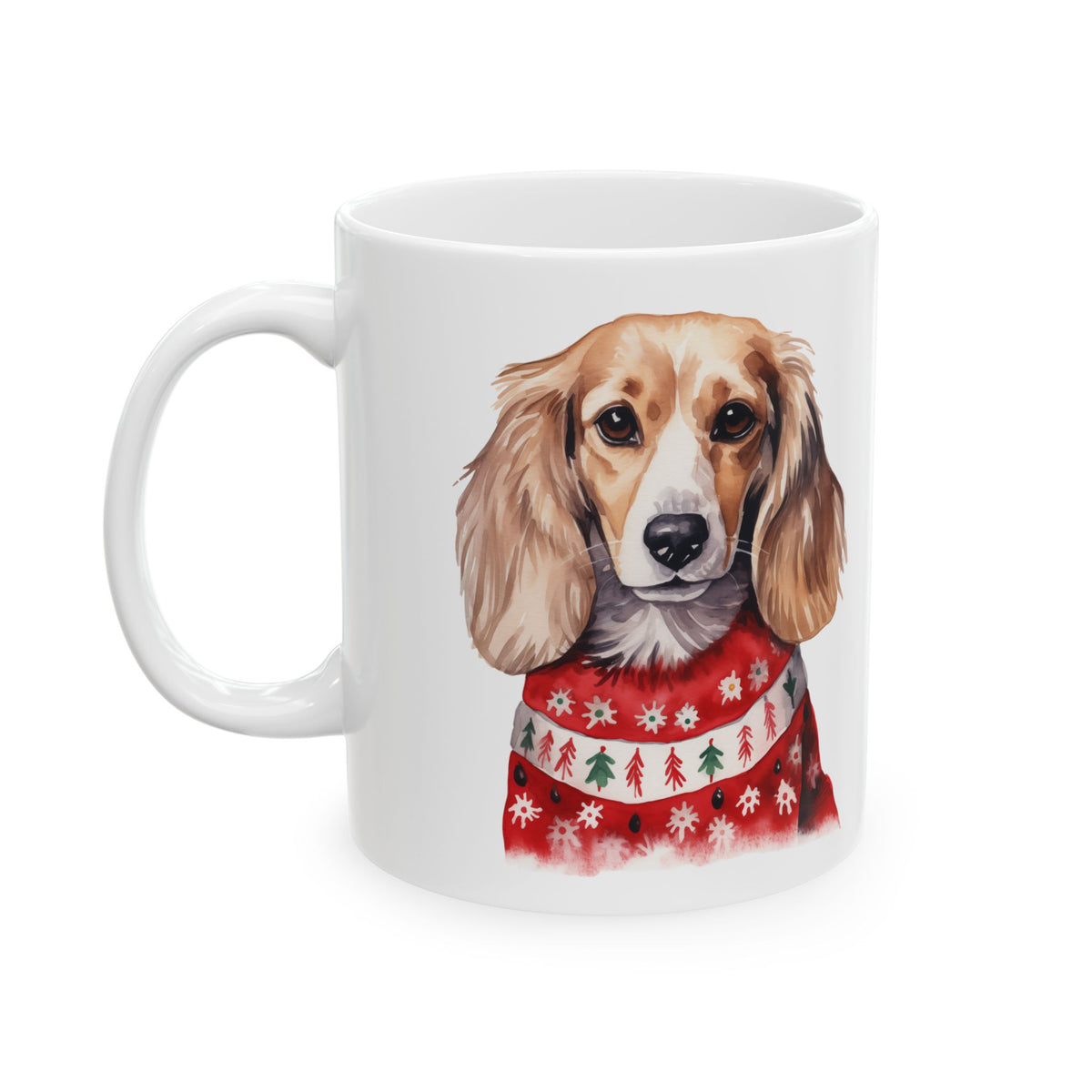 Dachshund in Christmas Sweater Ceramic Mug — Cute Holiday Dog Coffee Cup 11oz Item #469654