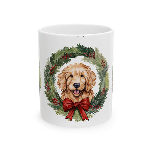 Golden Doodle Christmas Mug — Holiday Wreath with Red Bow 11oz Item #505705