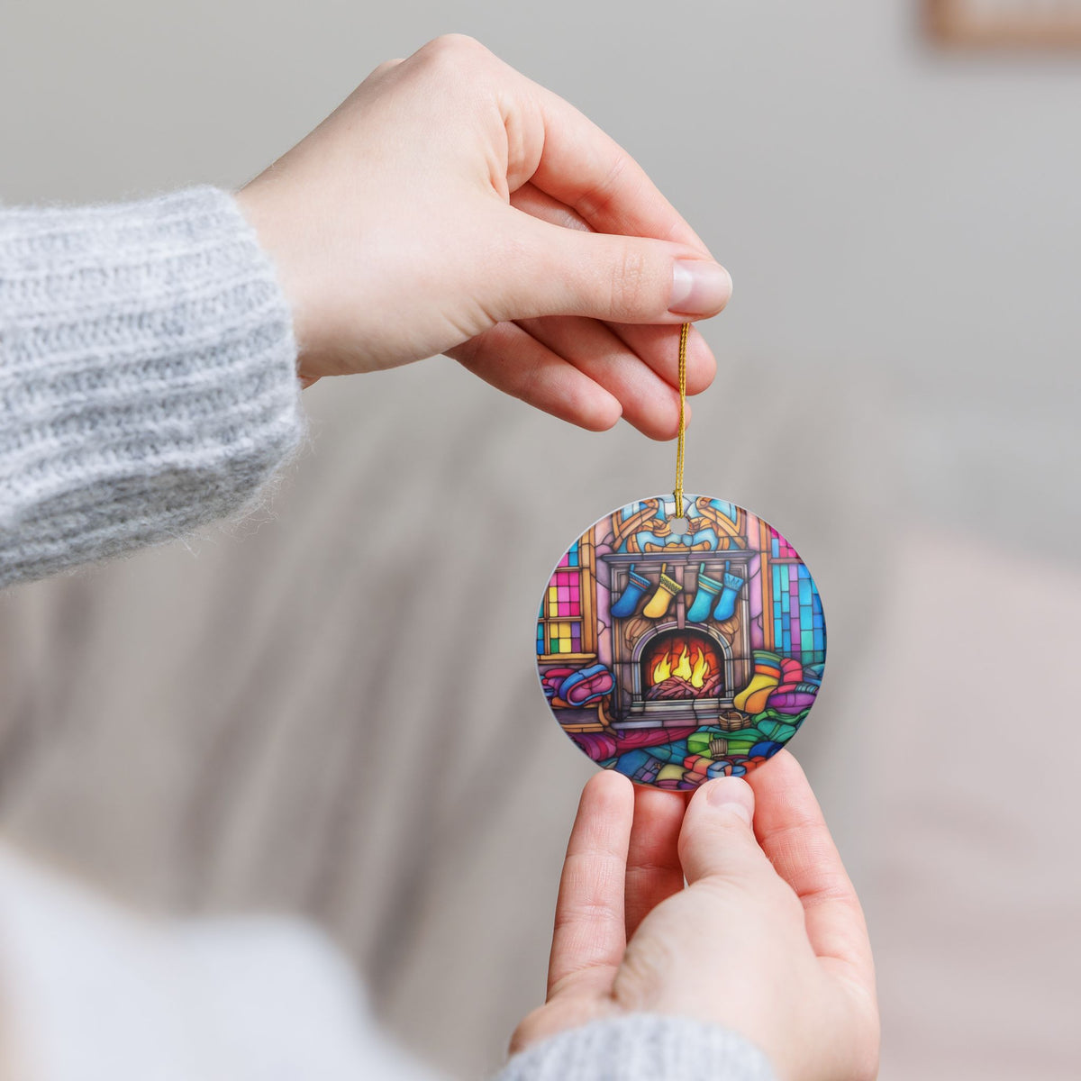 Cozy Christmas Fireplace Stained Glass Ceramic Ornament Item #534856