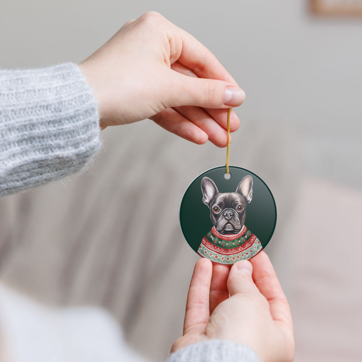 French Bulldog With A Festive Sweater Christmas Ceramic Ornament Item #928842