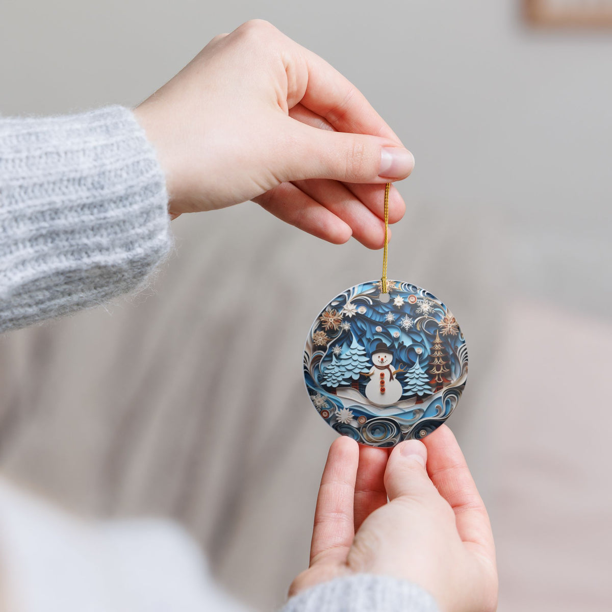 Ceramic Christmas Ornament with Snowman and Winter Forest Design Item #776807