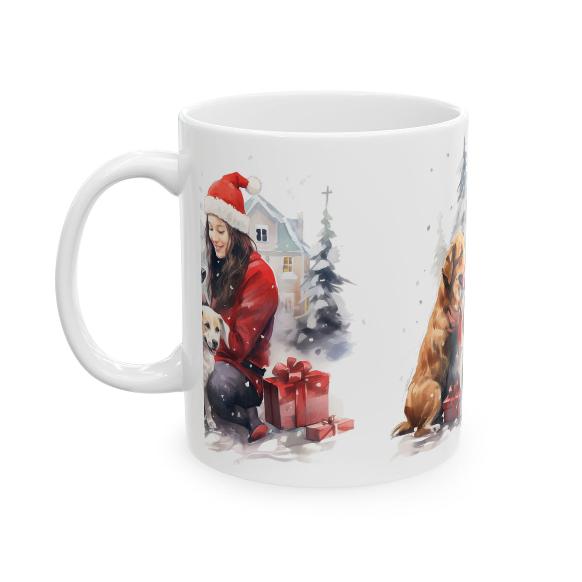 Christmas Dog Lover Mug — Woman with Dogs in Santa Hat Holiday Coffee Cup 11oz Item #380901