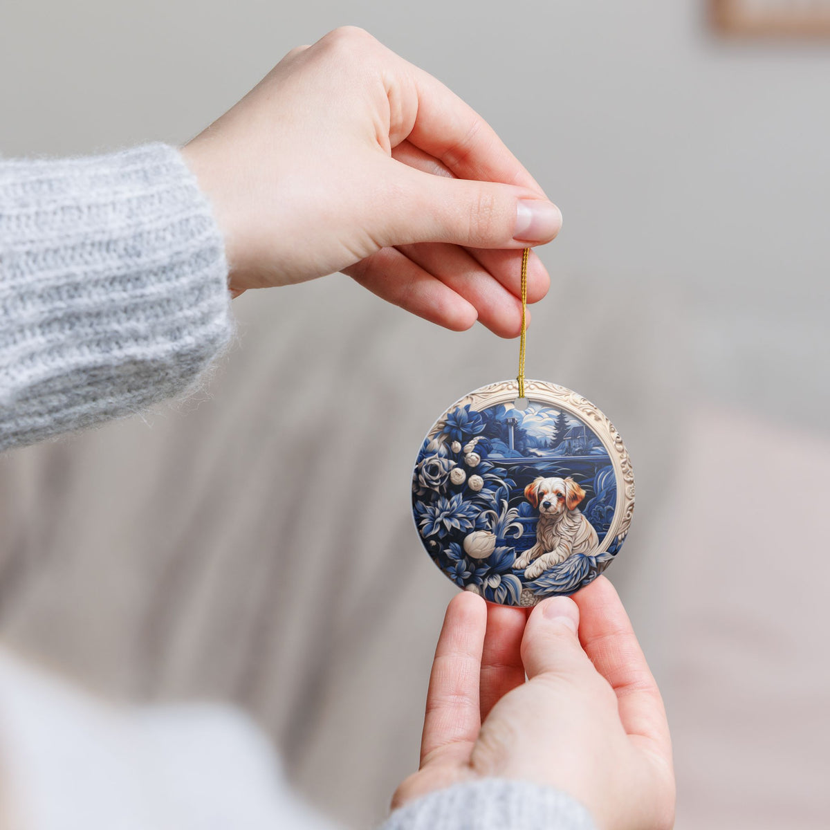 Ceramic Ornament with Puppy and Blue Floral Lakeside Scene Item #793169