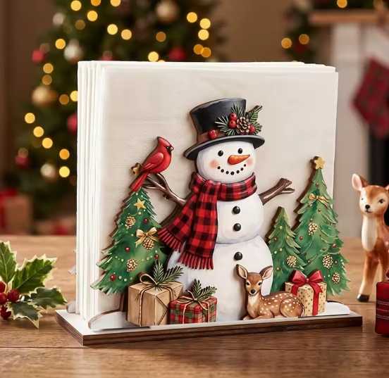 Snowman With Cardinal Wooden Napkin Holder By Santa's Creations