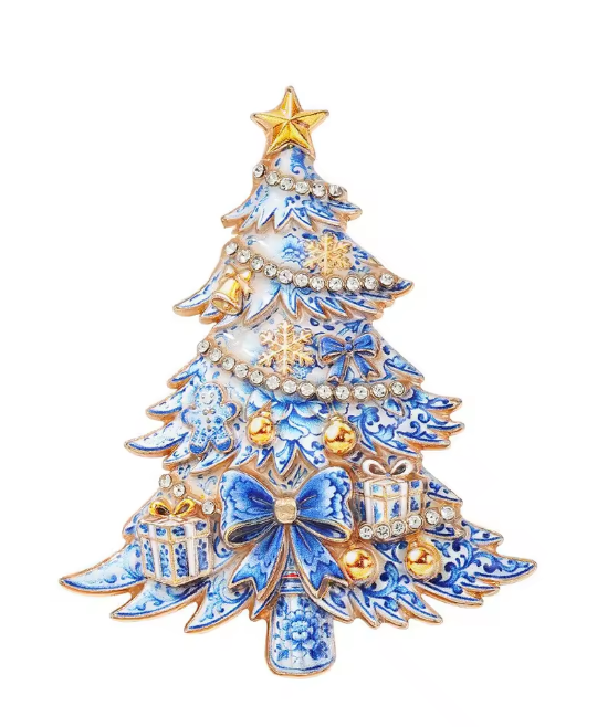 Santa’s Creations™ Christmas Tree Brooch Pin, Blue and White Holiday Tree with Rhinestone Accents, Gold-Tone Festive Jewelry for Women and Men, Christmas Gift Accessory Item #259377