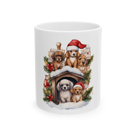 Christmas Puppies Ceramic Mug — Festive Dog House Holiday Coffee Cup 11oz Item #99334