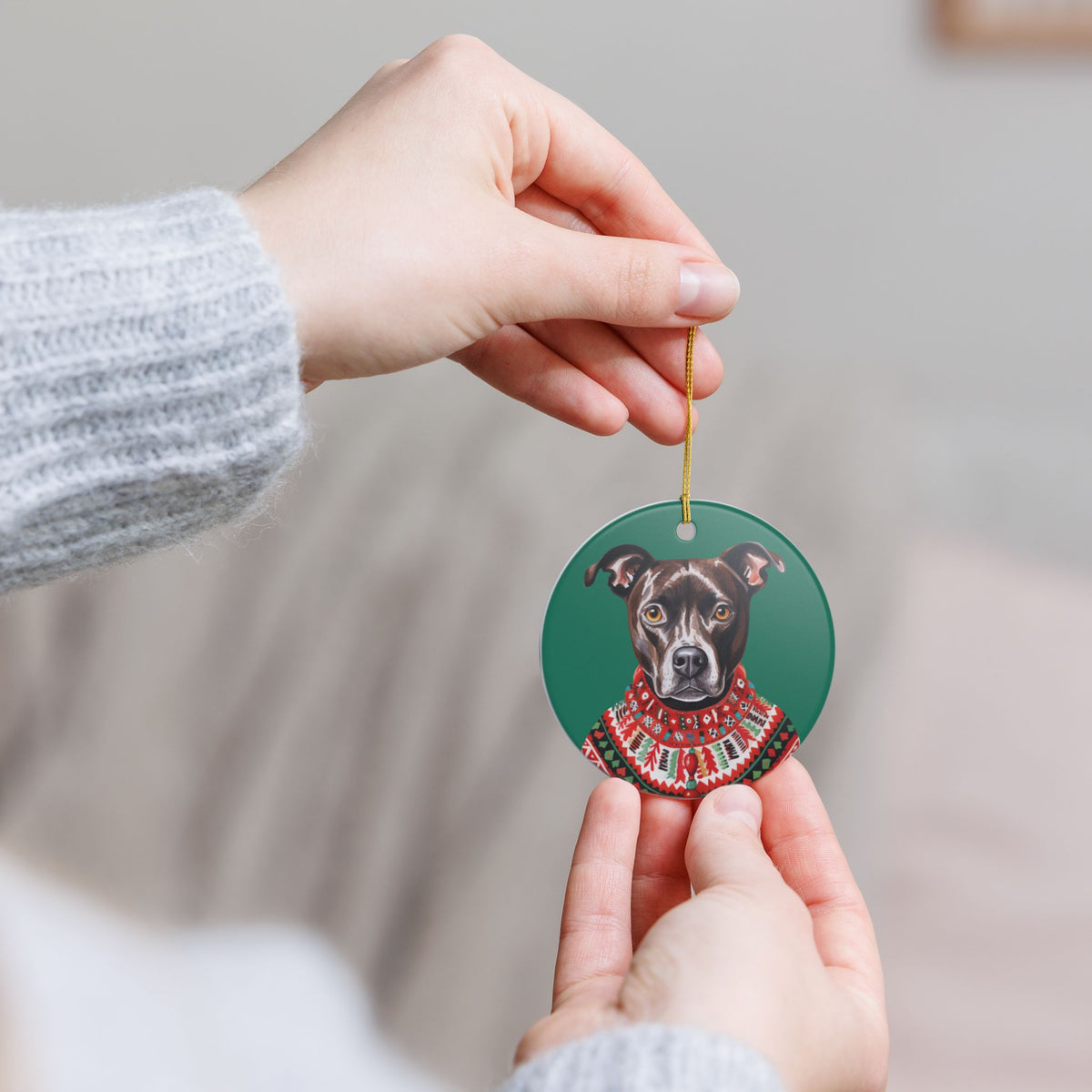 Festive Pit Bull Christmas Sweater Ceramic Ornament Item #739608