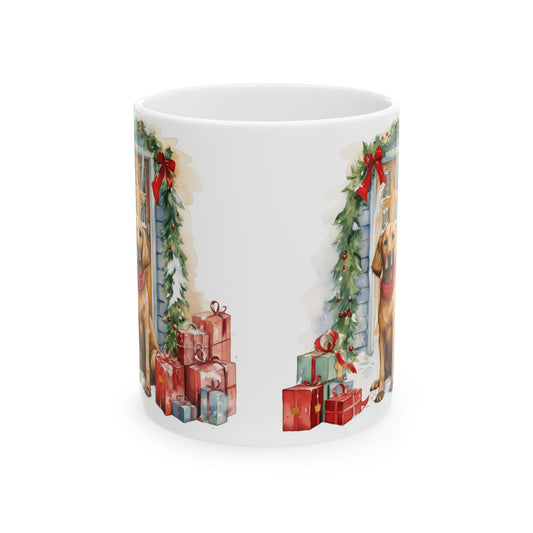 Festive Dog By Door With Presents Holiday Mug 11oz Item #619626