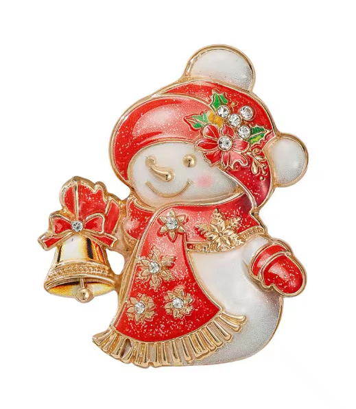 Santa’s Creations™ Red Christmas Snowman Brooch Pin, Rhinestone Snowman with Golden Bell and Red Bow, Festive Holiday Jewelry and Christmas Gift Item #364386