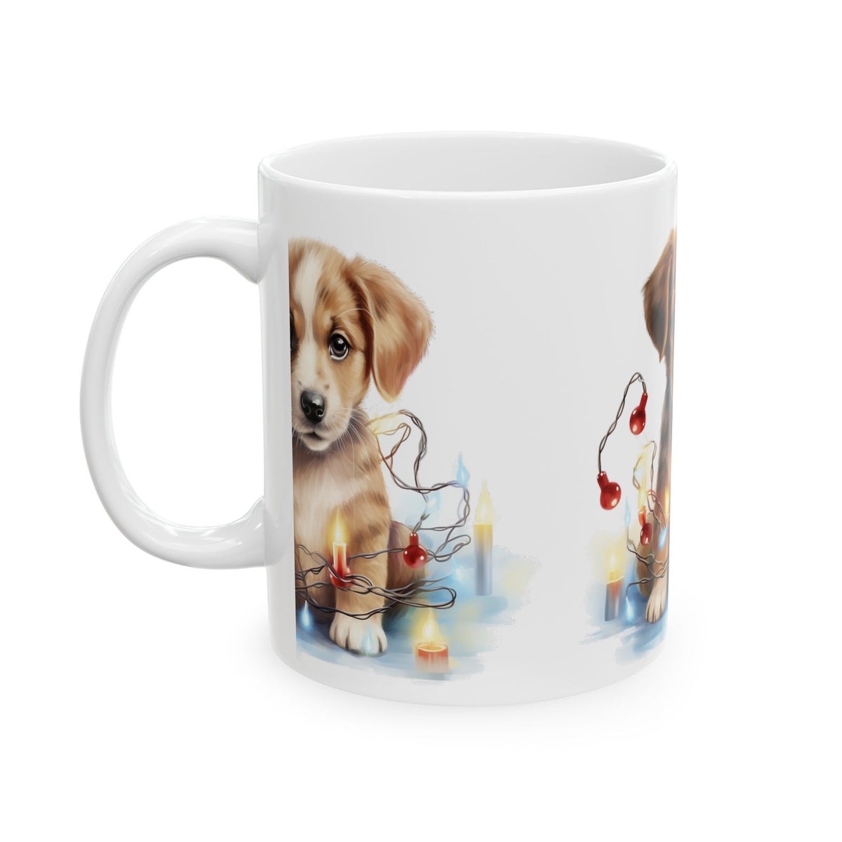 Cute Puppy Christmas Mug — Adorable Puppy with Holiday Lights Ceramic Coffee Cup 11oz Item #62866