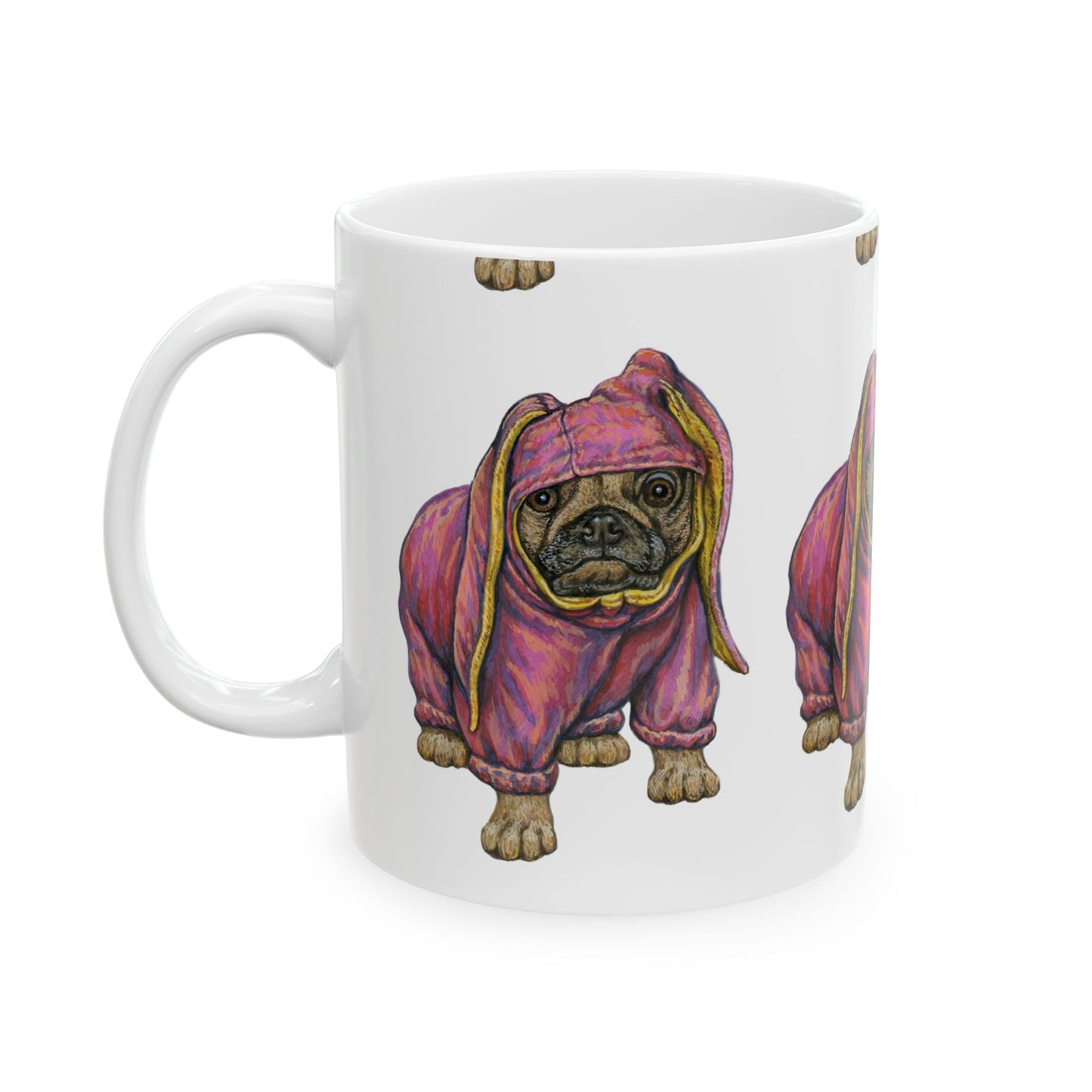 Pug in Pink Hoodie Ceramic Mug 11oz— Cute Dog Lover Coffee Cup Item #8154