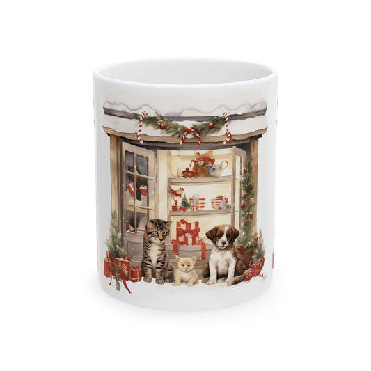 Holiday Pet Shop Ceramic Mug — Cute Puppies & Kittens Christmas Coffee Mug 11oz Item #740918