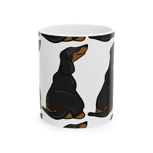 Dachshund Pattern Ceramic Mug — Cute Black & Tan Sausage Dog Coffee Cup 11oz Item #989303