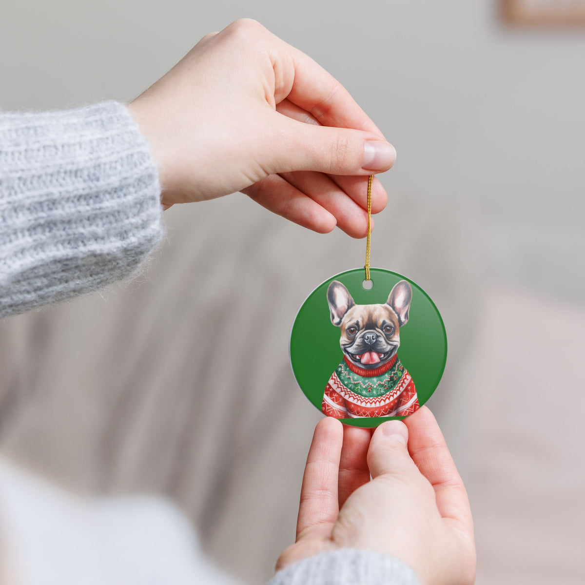 Festive French Bulldog With Santa Hat & Sweater Christmas Ornament Item #166129