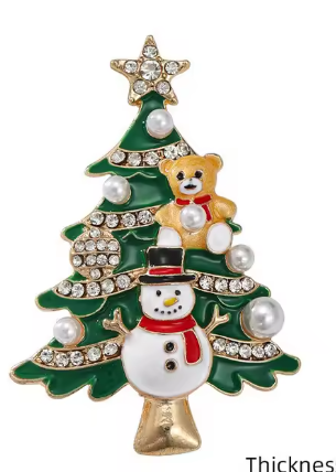 Santa’s Creations™ Christmas Tree Brooch Pin, Rhinestone Green Tree with Snowman and Teddy Bear, Festive Holiday Jewelry, Christmas Gift Item #492016