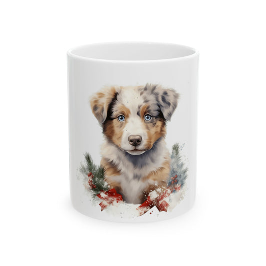 Holiday Aussie Shepherd Puppy Mug — Cute Christmas Dog Ceramic Coffee Cup 11oz Item #160359