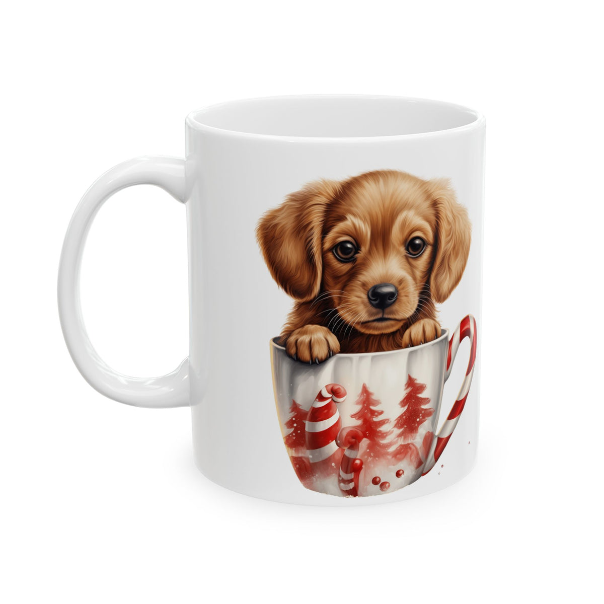Christmas Dog Sitting In A Christmas Cup with Candy Cane Handle Christmas Mug 11oz Item #397737