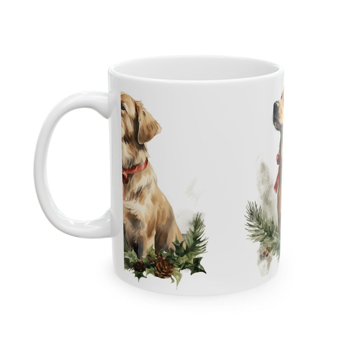 Golden Retriever Holiday Mug — Festive Dog Coffee Cup with Red Bow & Pine Wreath 11oz Item #22897