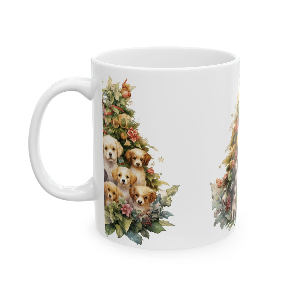 Christmas Puppies Ceramic Mug — Cute Holiday Dog Tree Coffee Cup 11oz Item #88473
