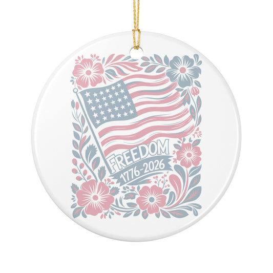 Freedom 1776-2026 Ceramic Ornament — Patriotic American Flag Floral Decoration Item #31956